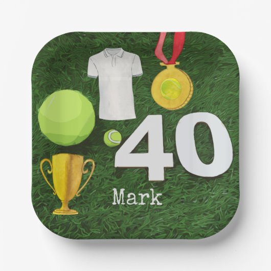 テニスボールが緑に輝くテニス40th誕生日 ペーパープレート (正面)