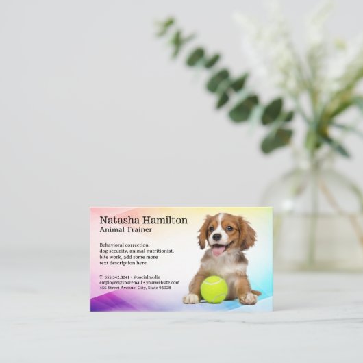 テニスボールで笑顔でかわいい子犬 名刺 (スタンド正面)