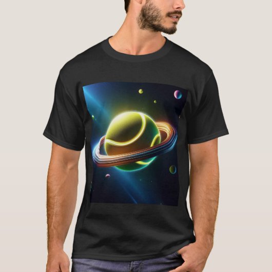 テニスボールとして土星の惑星、スポーティな宇宙デザイン Tシャツ (正面)