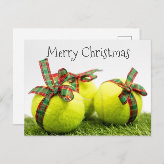 テニスボールとギフト付きテニスクリスマス ポストカード (正面/裏面)