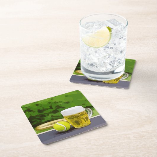 テニスボールとグリーンに水彩を塗ったグラス スクエアペーパーコースター (インサイチュ)