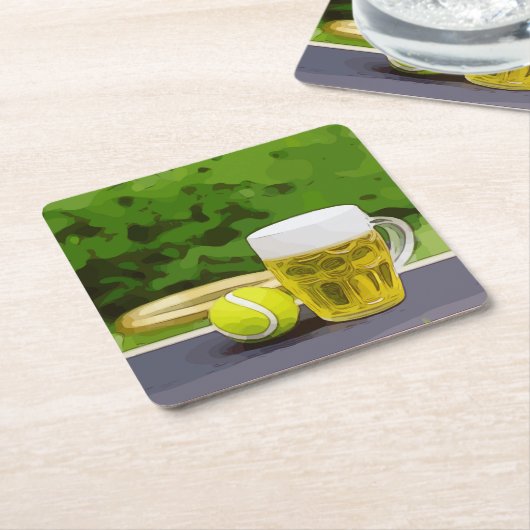 テニスボールとグリーンに水彩を塗ったグラス スクエアペーパーコースター (アングル)