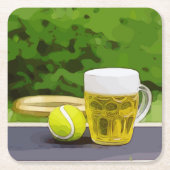 テニスボールとグリーンに水彩を塗ったグラス スクエアペーパーコースター (正面)