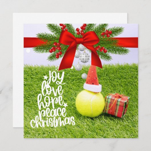 テニスボールとサンタハット付きテニスクリスマス シーズンカード (正面/裏面)