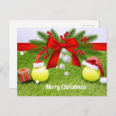 テニスボールとサンタハット付きテニスクリスマス シーズンポストカード (正面/裏面)