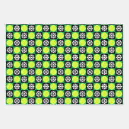 テニスボールとスノーフレークブラック&グリーンクリスマス ラッピングペーパーシート