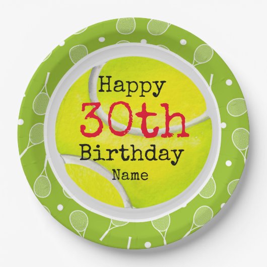 テニスボールとナンバーズ付きテニス30th誕生日 ペーパープレート (正面)