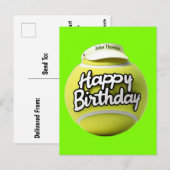 テニスボールとハッピーバースデーの文字が入ったビニール製のひさし ポストカード (正面/裏面)