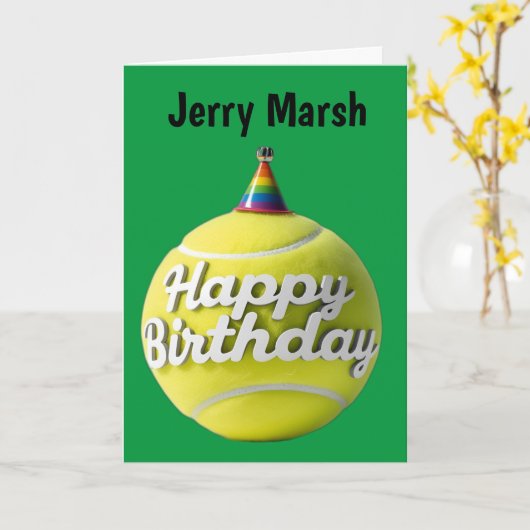 テニスボールとハッピーバースデー誕生日ハット カード (黄色い花)