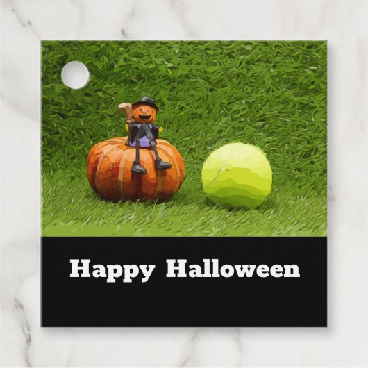 テニスボールとパンプキン付きテニスハロウィーン フェイバータグ (正面)
