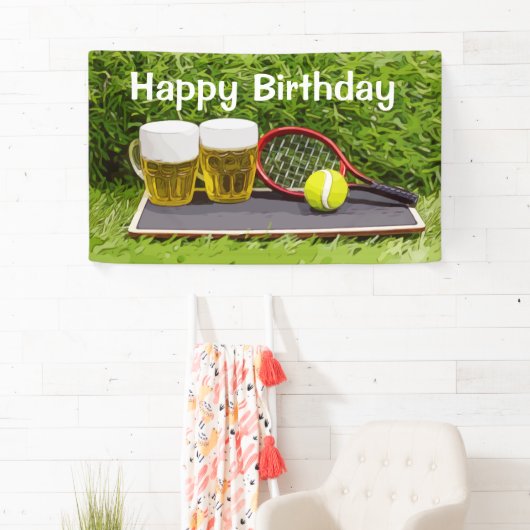 テニスボールとビール誕生日パーティーのグラス 横断幕 (インサイチュ)