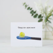 テニスボールとブルーラケットサンキューカード ポストカード (スタンド正面)