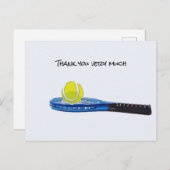 テニスボールとブルーラケットサンキューカード ポストカード (正面/裏面)