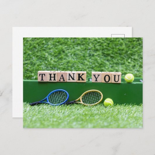 テニスボールとラケットありがとうコーチまたはプレーヤー ポストカード (正面/裏面)
