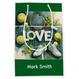 テニスボールとラケットがコートに名を連ねる ミディアムペーパーバッグ