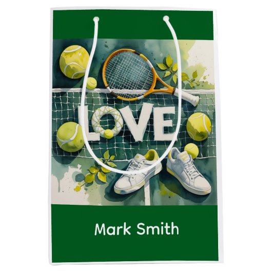 テニスボールとラケットがコートに名を連ねる ミディアムペーパーバッグ (正面)