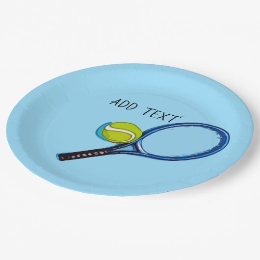 テニスボールとラケットの青い背景 ペーパープレート (アングル)