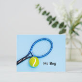 テニスボールとラケットをブルーベビーシャワーに ポストカード (スタンド正面)