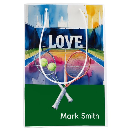 テニスボールとラケットを愛でコートに ミディアムペーパーバッグ (正面)