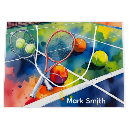 テニスボールとラケットを愛でコートに ラージペーパーバッグ (正面)