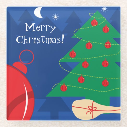 テニスボールとラケットを持つクリスマスツリー ガラスコースター (正面)