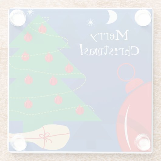 テニスボールとラケットを持つクリスマスツリー ガラスコースター (裏面)