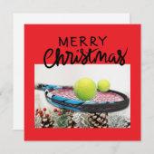 テニスボールとラケット付きテニスクリスマス シーズンカード (正面/裏面)