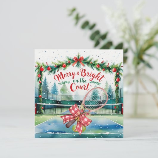 テニスボールとラケット付きテニスクリスマス シーズンカード (スタンド正面)