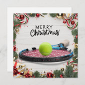 テニスボールとラケット付きテニスクリスマス シーズンカード (正面/裏面)
