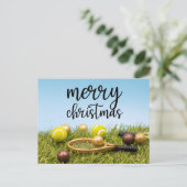 テニスボールとラケット付きテニスクリスマス シーズンポストカード (スタンド正面)