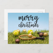 テニスボールとラケット付きテニスクリスマス シーズンポストカード (正面/裏面)