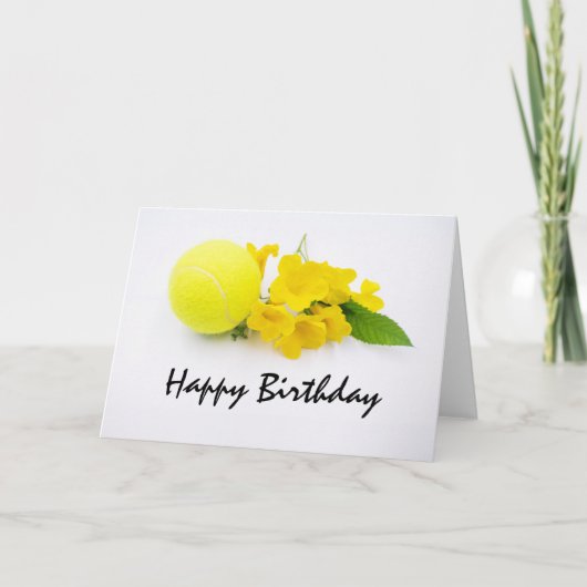 テニスボールと花を持つテニスの誕生日カード カード (正面)