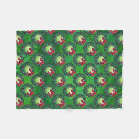 テニスボールのクリスマスリースパターンをグリーン フリースブランケット (正面(横))