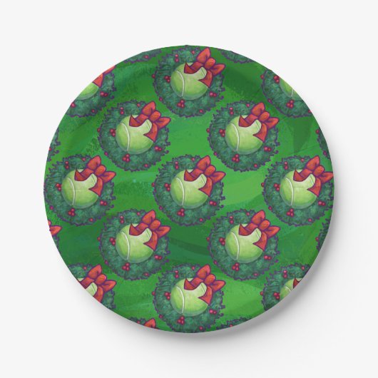 テニスボールのクリスマスリースパターンをグリーン ペーパープレート (正面)