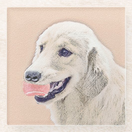 テニスボールのドッグアー絵画ト付きゴールデンレトリバー ガラスコースター (正面)