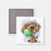 テニスボールを持つ愛らしい子犬のキャラクター マグネット (正面/裏面)