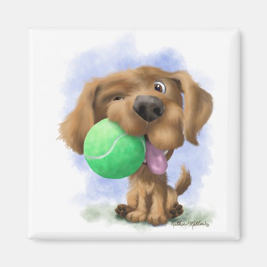 テニスボールを持つ愛らしい子犬のキャラクター マグネット (正面)