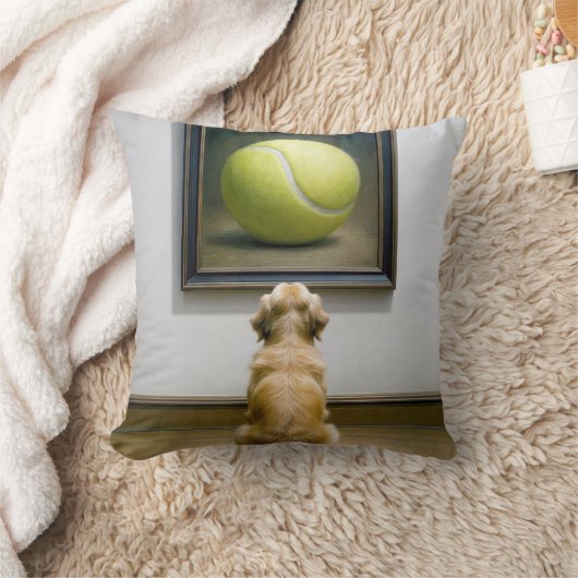テニスボールを見詰めるゴールデンリトリ絵を描ーバー クッション (ブランケット)