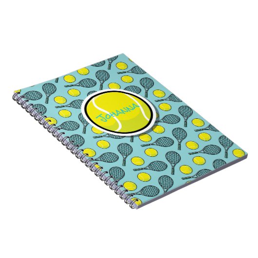 テニスボールイエローホワイトターコイズブルーブラックネーム ノートブック (右側)