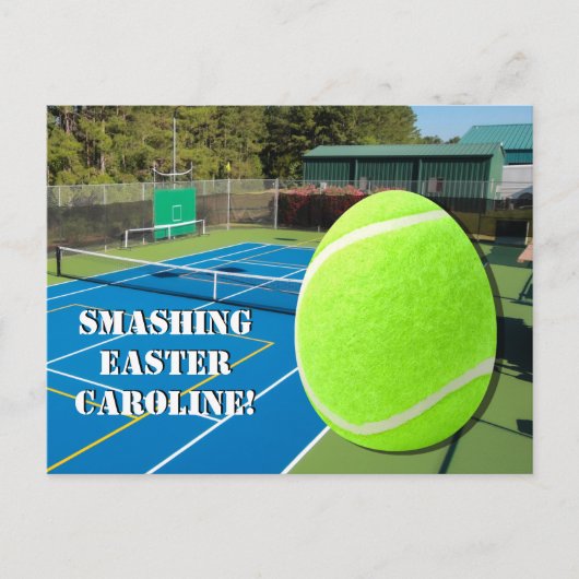 テニスボールイースターエッグでイースターを打つテニス シーズンポストカード (正面)