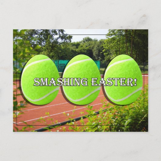 テニスボールイースターエッグでイースターを打つテニス シーズンポストカード (正面)