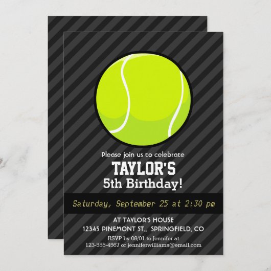 テニスボールオンブラック&ダークグレーストライプボール 招待状 (正面/裏面)