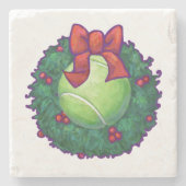 テニスボールクリスマスリースオングリーン ストーンコースター (正面)