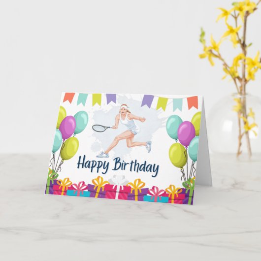 テニスボールハッピーバースデーからテニス選手へ カード (黄色い花)