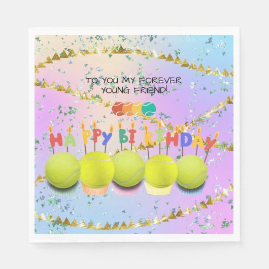 テニスボールバルーン付きハッピーバースデーカラフル スタンダードランチョンナプキン (正面)
