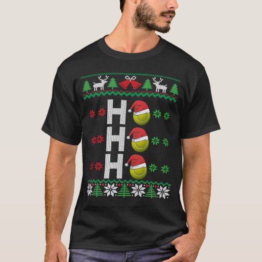 テニスボールホーホーホーサンタハットテニス醜いクリスマス Tシャツ (正面)