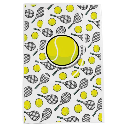テニスボールラケットイエローホワイトスポーツ抱き枕 ミディアムペーパーバッグ (正面)