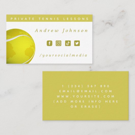テニスボール世界惑星コーチソーシャルメディアイエロー 名刺 (正面/裏面)