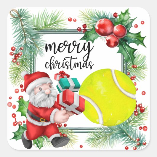 テニスボール付きテニスクリスマスサンタクロース スクエアシール (正面)