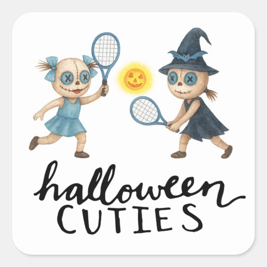 テニスボール付きテニスハローウィンパーティと幽霊 スクエアシール (正面)